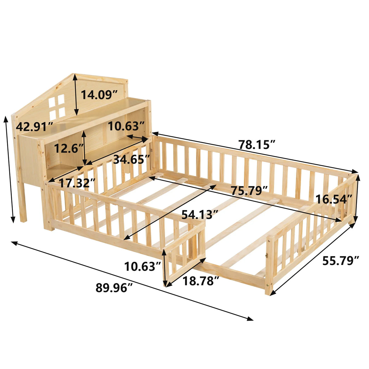 Full Size Montessori Floor Bed With Bookcases And boards, Solid Wood Platform Bed With Guard Rails And Storage Headboards - Natural - Furniture Home Direct