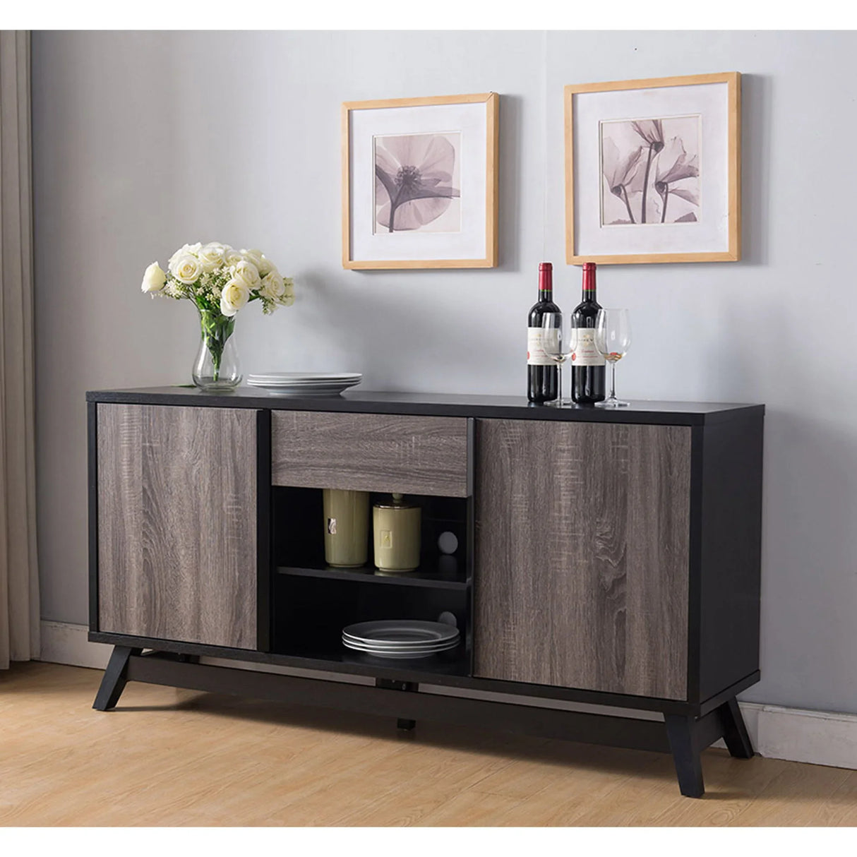 TV Stand With 2 Doors, 1 Drawer And 6 Shelves - Black / Gray - Furniture Home Direct
