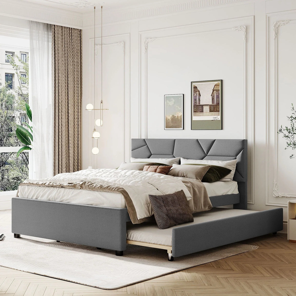 Upholstered Platform Bed With Brick Pattern Headboard And Twin Long Size Trundle - Furniture Home Direct