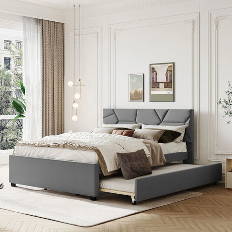 Upholstered Platform Bed With Brick Pattern Headboard And Twin Long Size Trundle - Furniture Home Direct