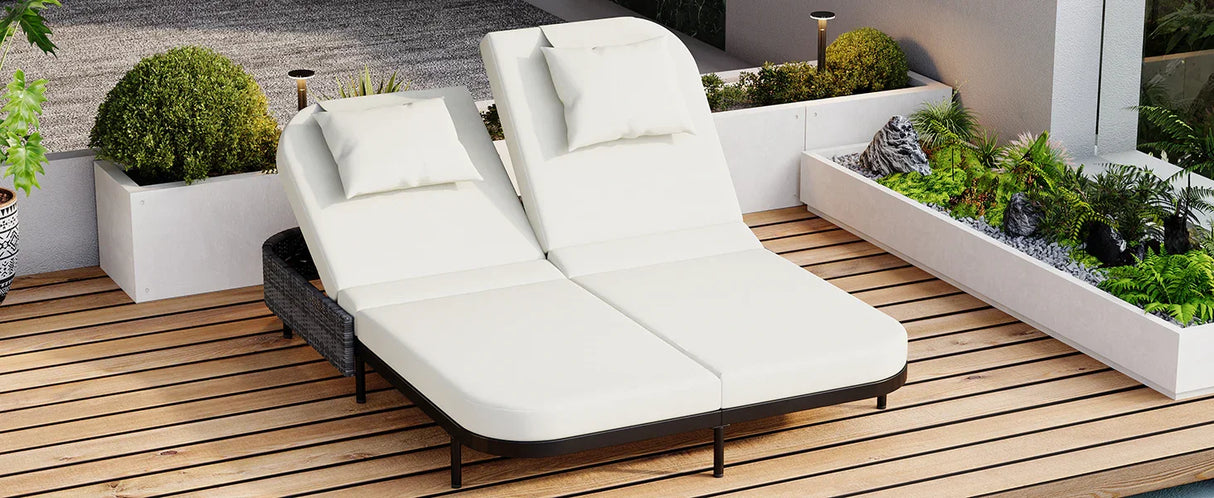 Outdoor Wicker Double Chaise (Black Frame+Beige Cushion) - Furniture Home Direct