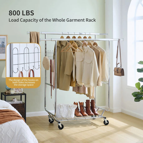 Heavy Duty Double Clothing Garment Rack With Shelves - Silver - Furniture Home Direct