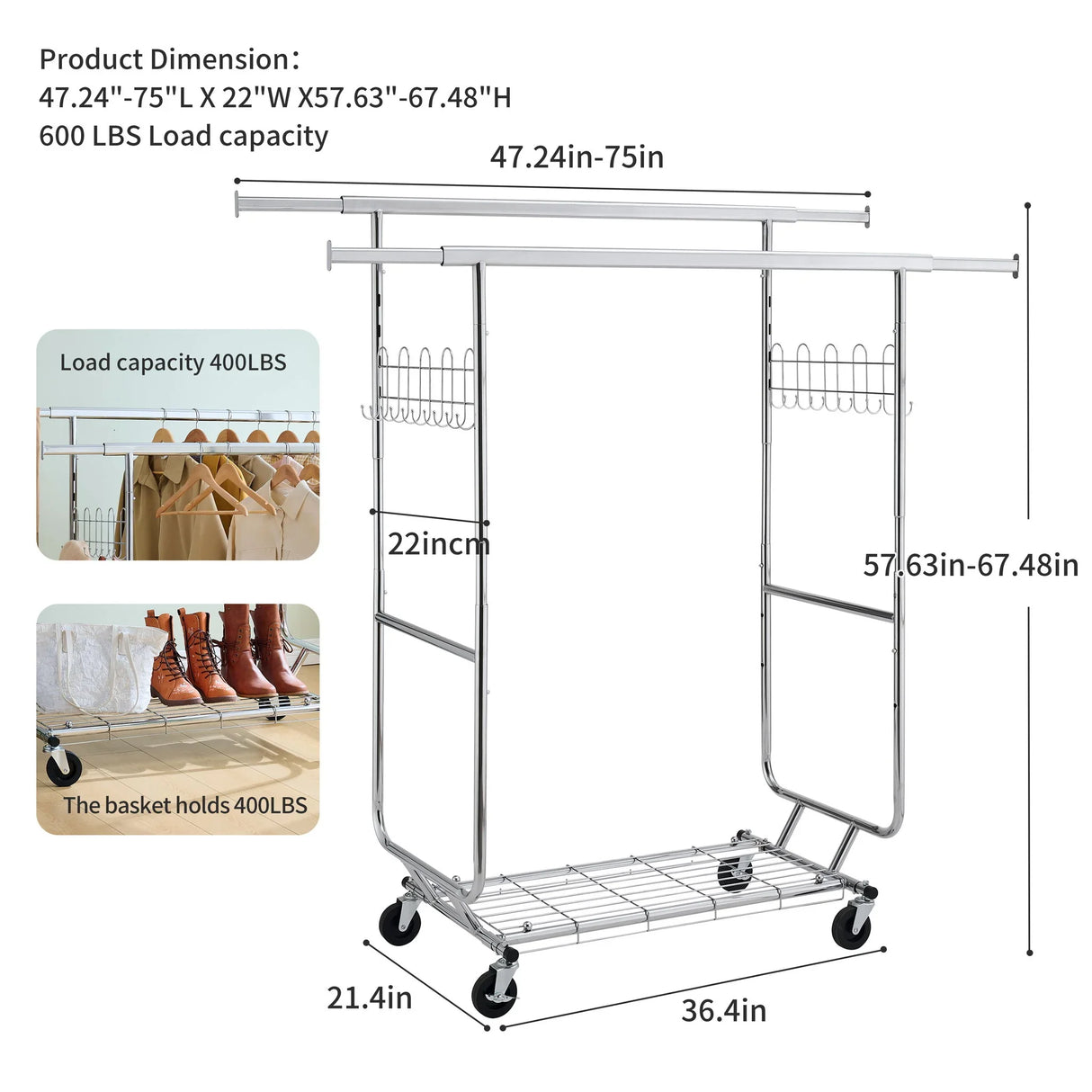 Heavy Duty Double Clothing Garment Rack With Shelves - Silver - Furniture Home Direct