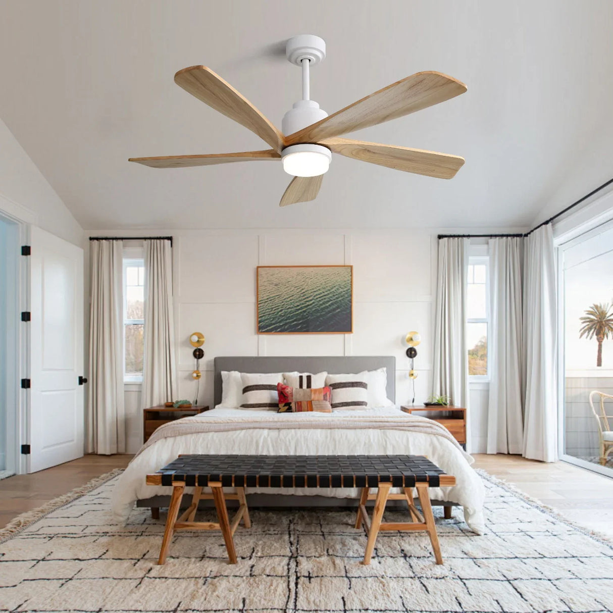Indoor Ceiling Fan With Dimmable Led Light 5 Solid Wood Blades Remote Control Reversible Dc Motor With Smart App Control - White - Furniture Home Direct