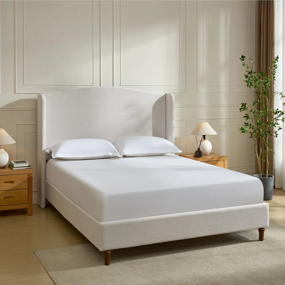 Hannah - Upholstered Wingback Bed Size / Tall Headboard Upholstered King Bed / Premium Textured Canvas Chenille Look / Minimalist Designs / No Box Spring Needed - Furniture Home Direct