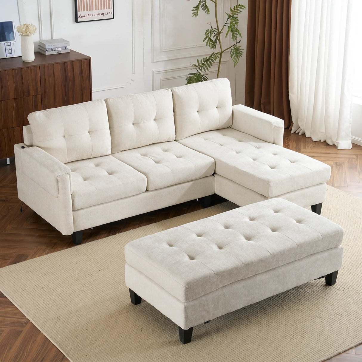 Sleeper Sectional Chenille L Shaped With Chaise Beige - Furniture Home Direct
