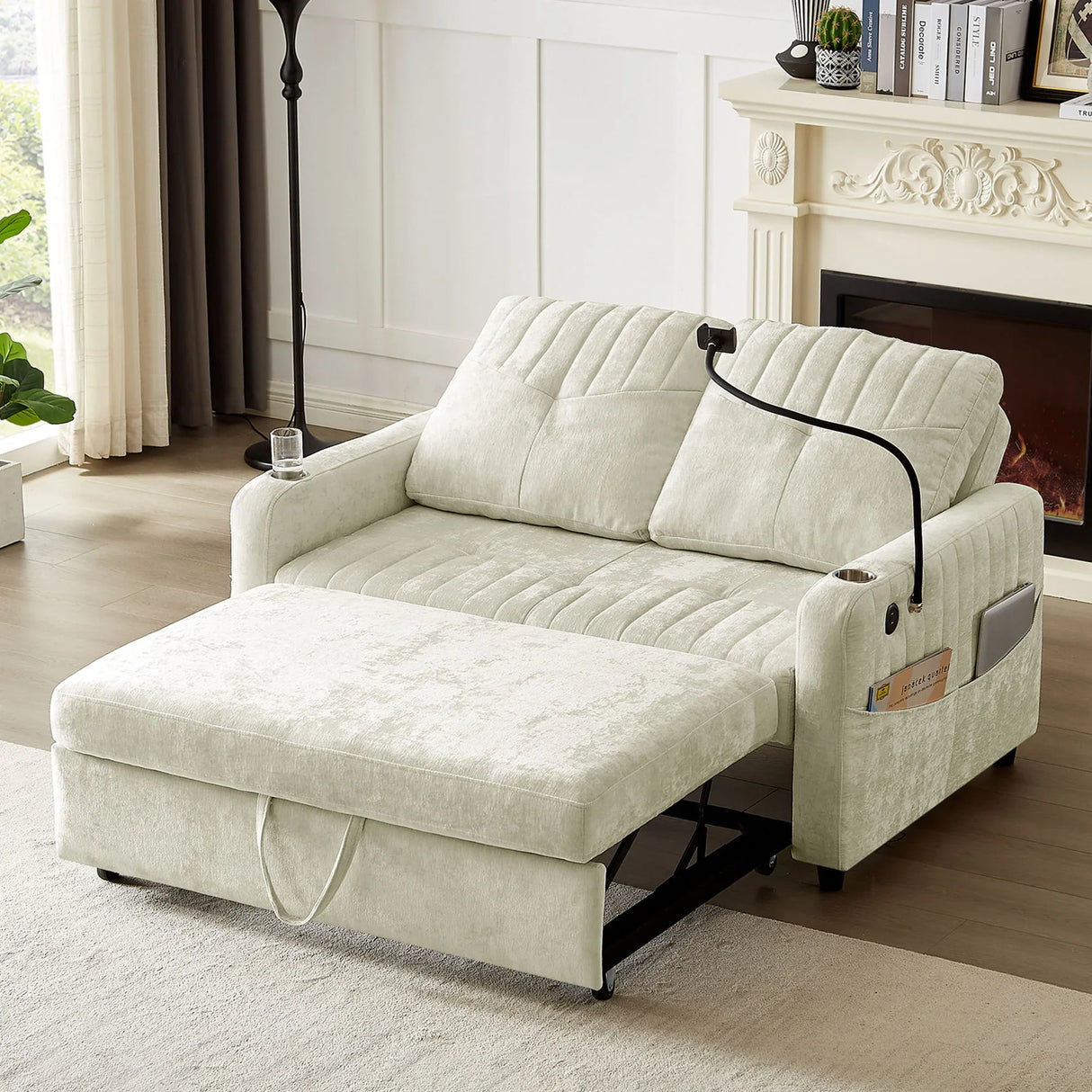 Modern Loveseat Pull Out Sofa Bed With Adjustable Backrest, Two Cup Holders, A Phone Holder, Three Charging Ports And Side Storage Pockets For Living Room - Furniture Home Direct