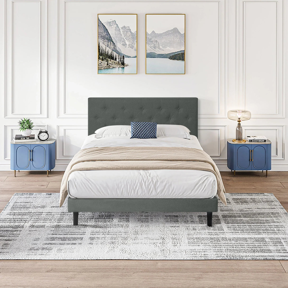Modern Upholstered Platform Bed Frame With Button Tufted Linen Fabric Headboard - Furniture Home Direct
