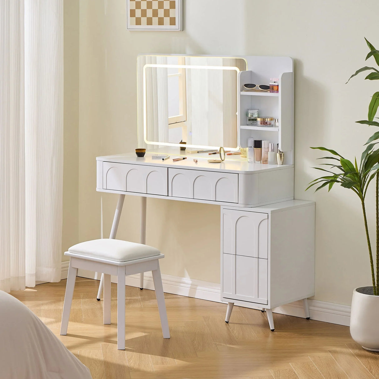 Modern Makeup Vanity Desk With LED Lights & Mirror 4 Drawer Dressing Table Set Space Saving For Bedroom - White - Furniture Home Direct