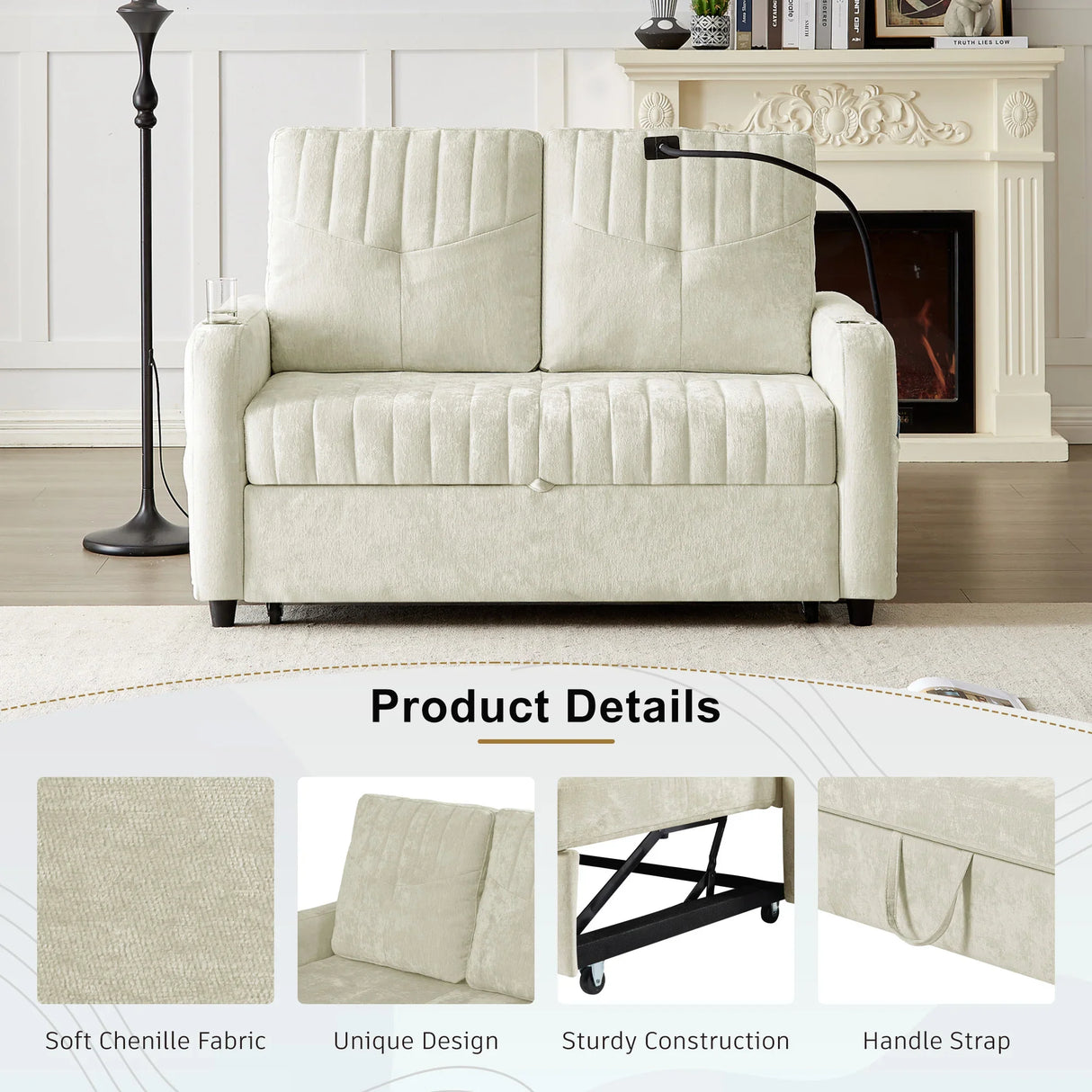 Sleeper Sofa With Adjustable Backrest, Two Cup Holders, Phone Holder, Three Charging Ports And Side Storage Pockets- Beige - Furniture Home Direct