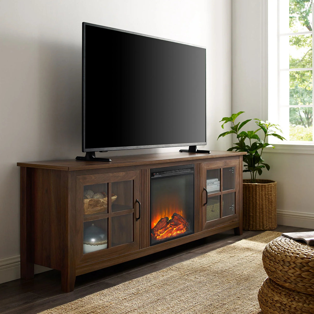 Modern Farmhouse 2 Door Glass Windowpane 70" TV Stand For 80" TVs - Furniture Home Direct
