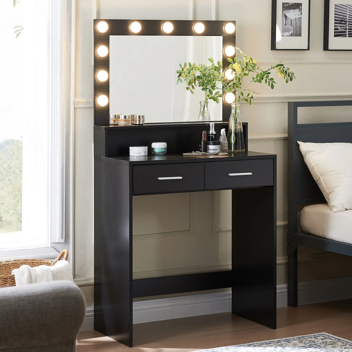 Vanity Desk With Mirror And Lights, Dressing Table With Large Drawer, 2 Level Storage Dresser & 3 Lighting Modes Adjustable Brightness, Suitable For Bedroom - Furniture Home Direct