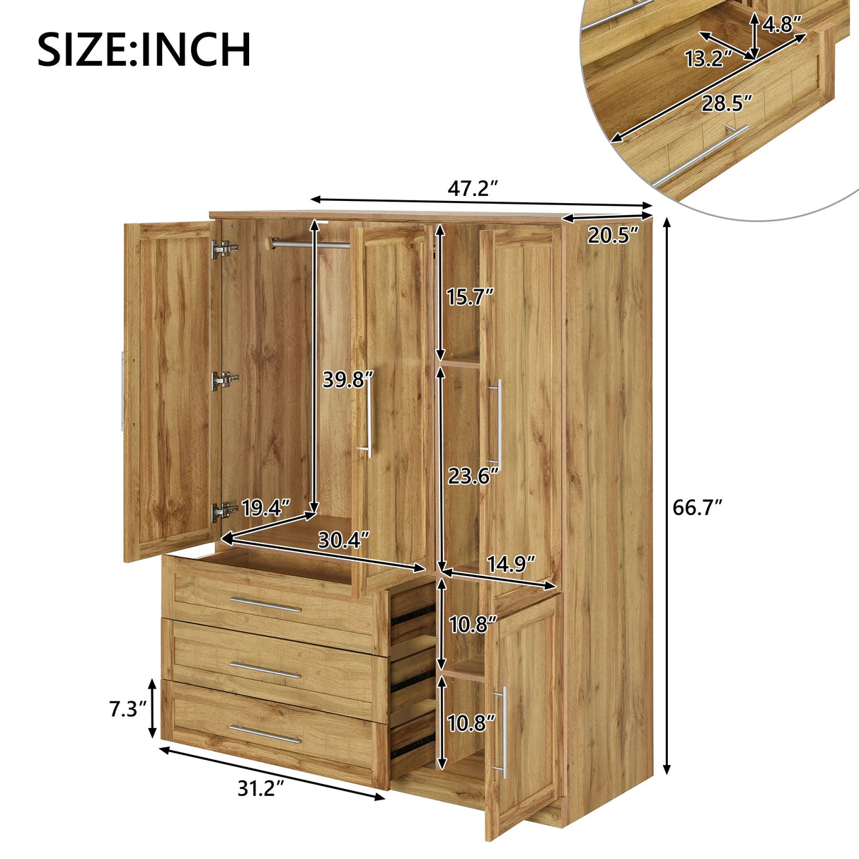 Wardrobe Armoire with Four Doors and Three Drawers Natural - Furniture Home Direct