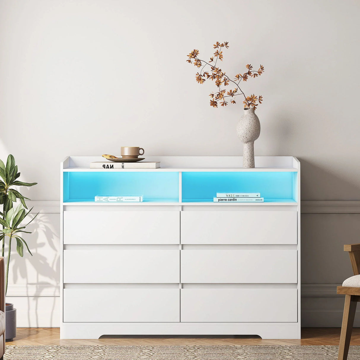 6 Drawer Dresser For Bedroom With LED Lights, Sturdy Frame - White - Furniture Home Direct