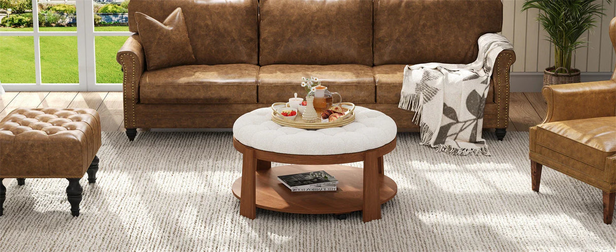 Round Ottoman Coffee Table with Upholstered Top Ivory White - Furniture Home Direct