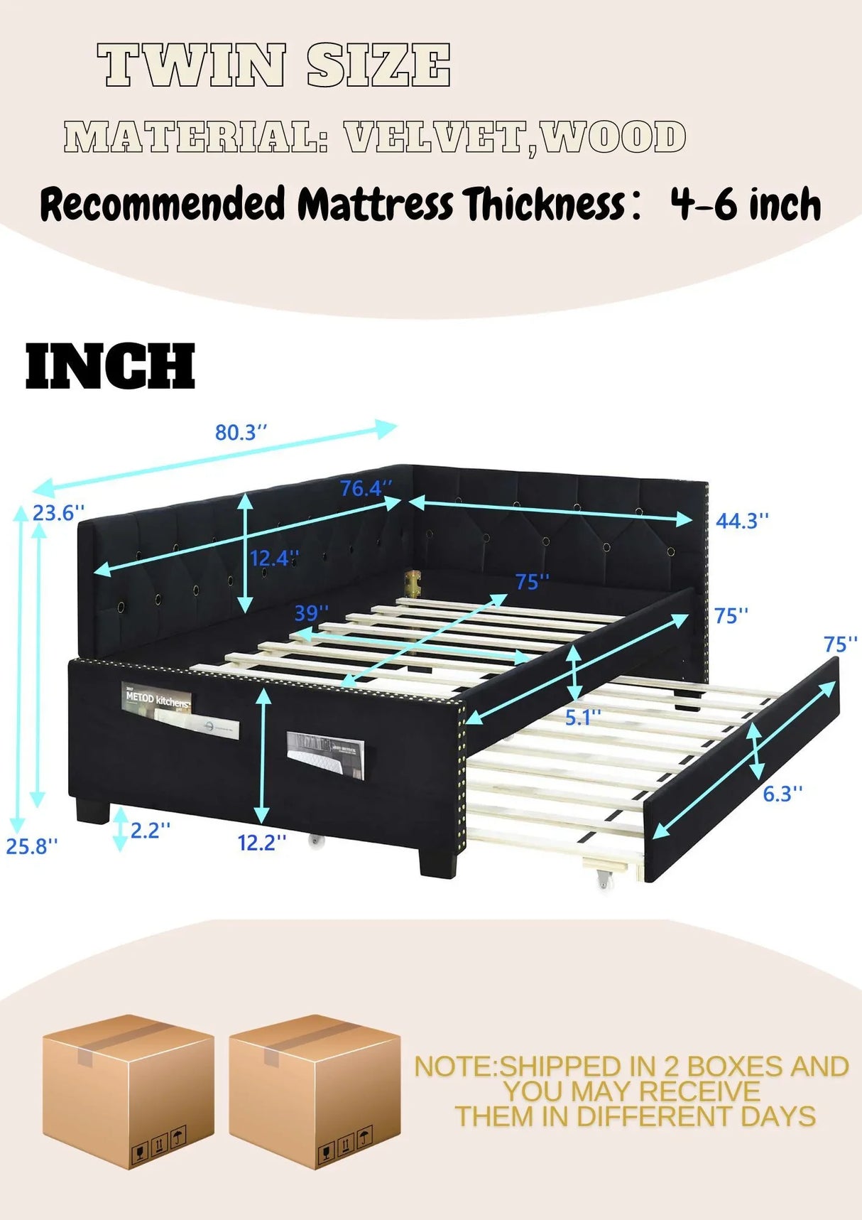 Upholstered Twin Size Daybed Bed Frame (Corner Bed) With Trundle, Velvet Fabric, Studding Design, No Box Spring Required - Furniture Home Direct