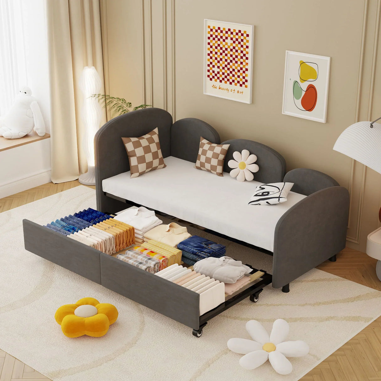 Modern Velvet Upholstered Daybed With Additional Bed Frame - Furniture Home Direct