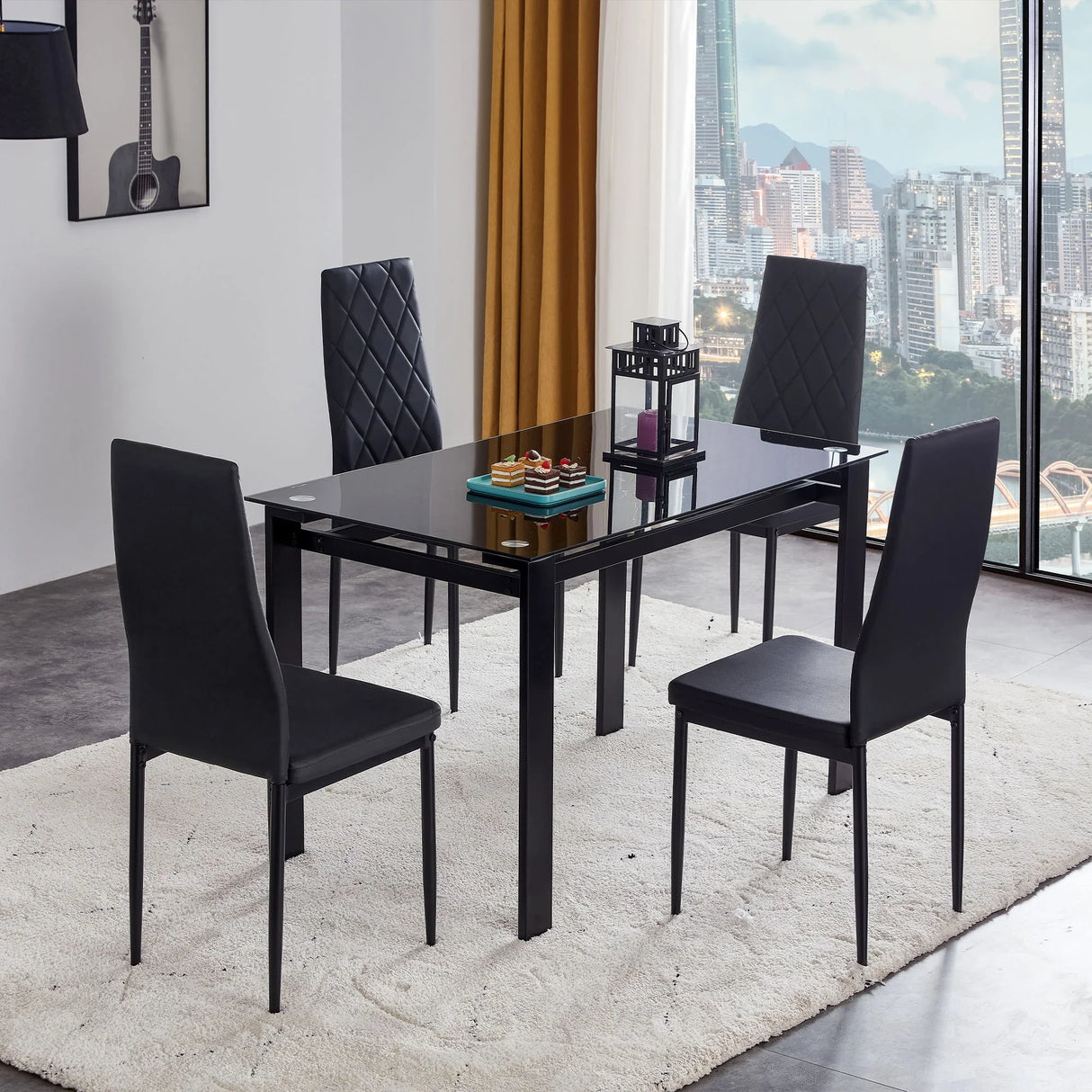 Modern 5 Piece Dining Table Set With Glass Top And Chairs - Black - Furniture Home Direct