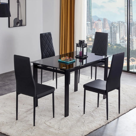 Modern 5 Piece Dining Table Set With Glass Top And Chairs - Black - Furniture Home Direct