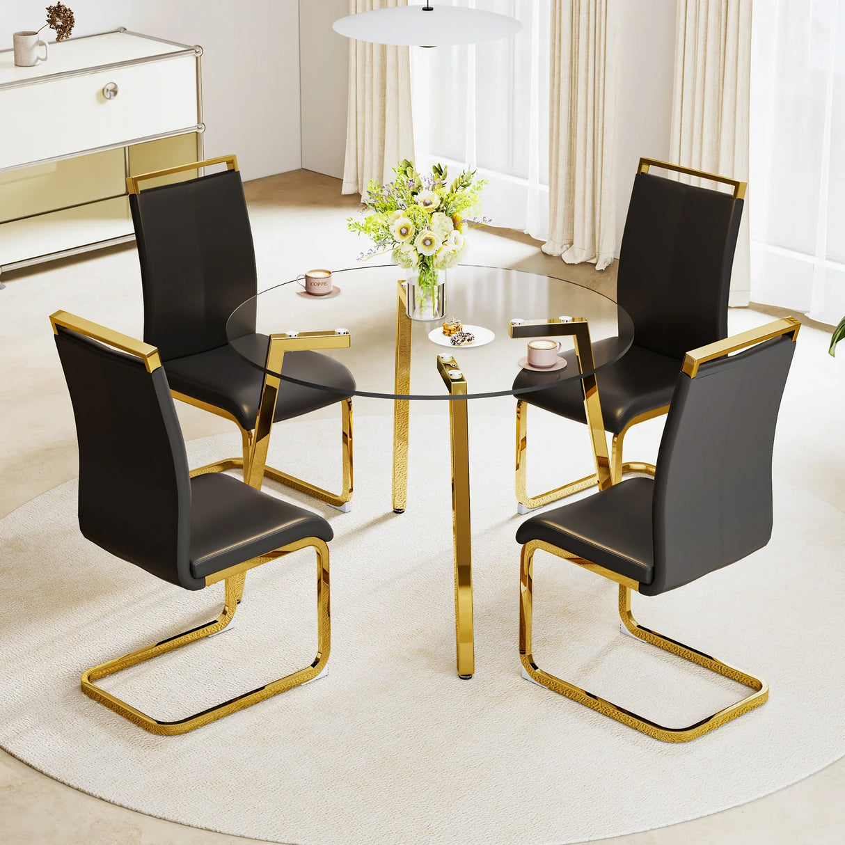Dining Table Round Glass Top With Gold Legs Transparent - Furniture Home Direct