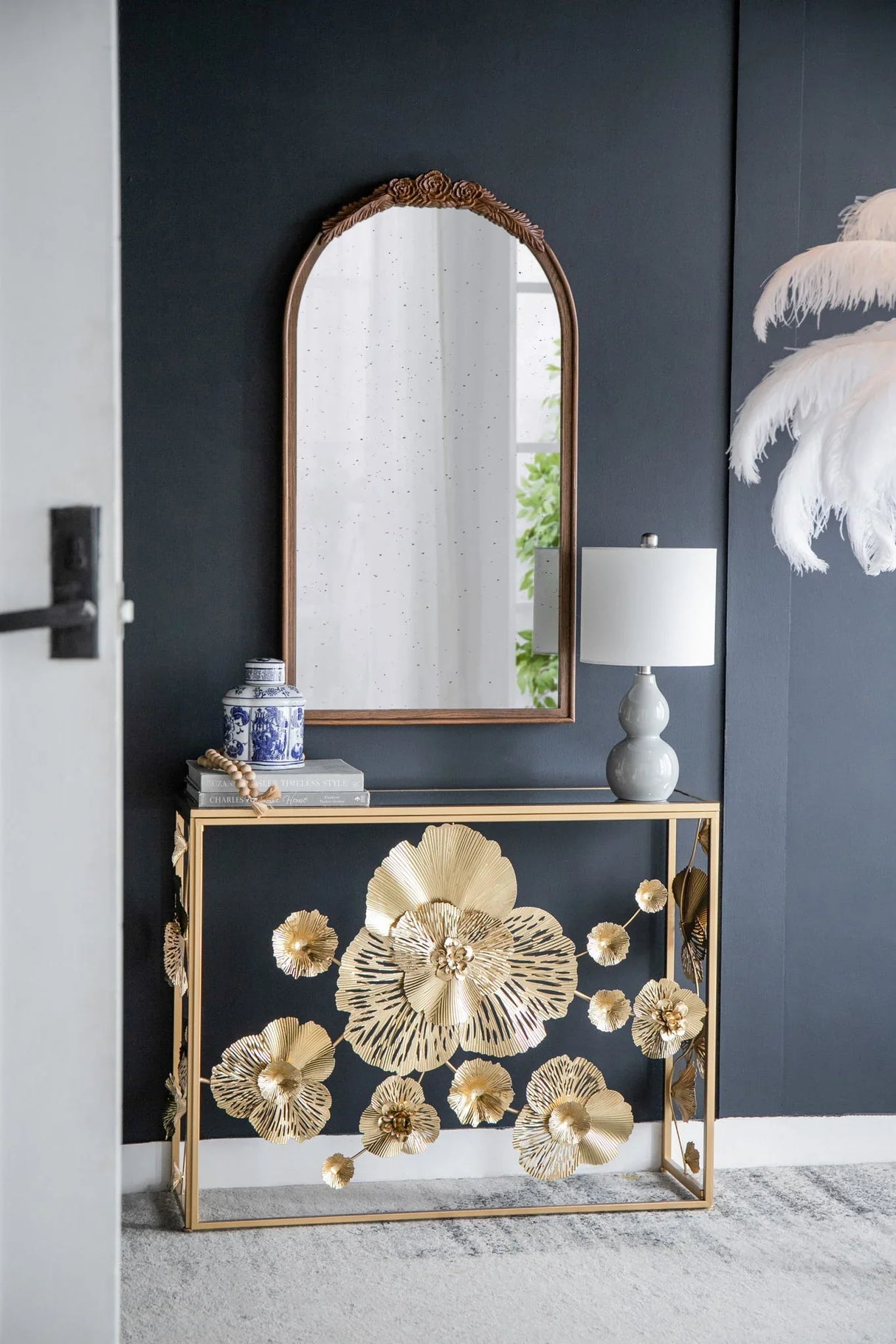 Hand Carved Rose Antique Mirror Frame, Wood Arch Mirror Wall Decor For Living Room - Furniture Home Direct