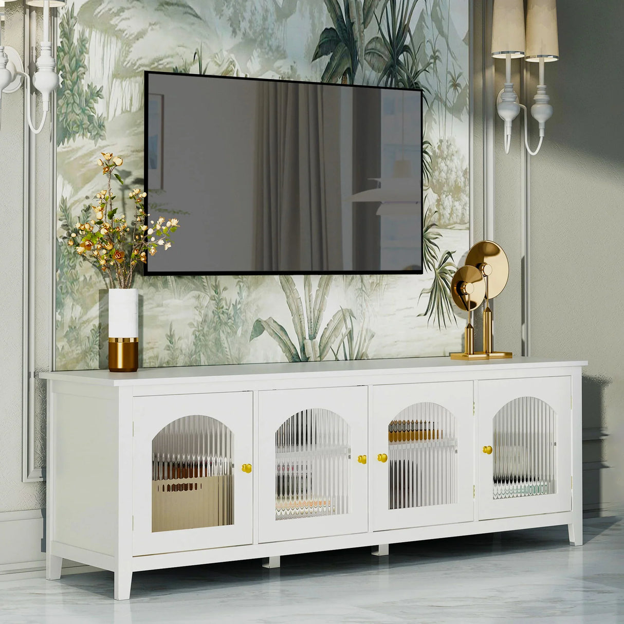 StylishTVcabinet Entertainment CenterTV Stand, TVconsoletable, Media Console, Solidwood Frame, Changhong Glass Door, Metal Handle - Furniture Home Direct
