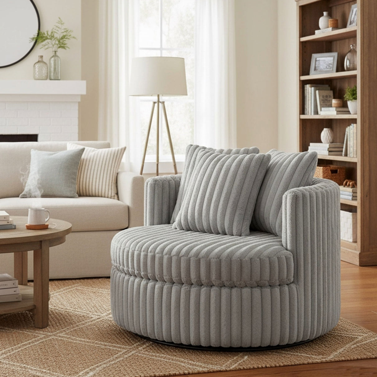 Oversized Plush Swivel Barrel Chair Grey Fabric 360 Degree