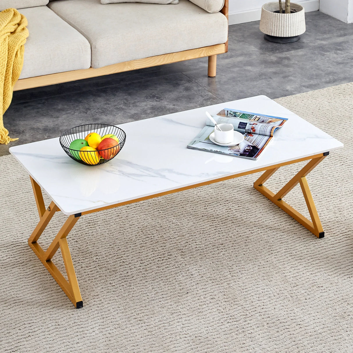 Coffee Table Marble Top Contemporary With Gold Frame White - Furniture Home Direct