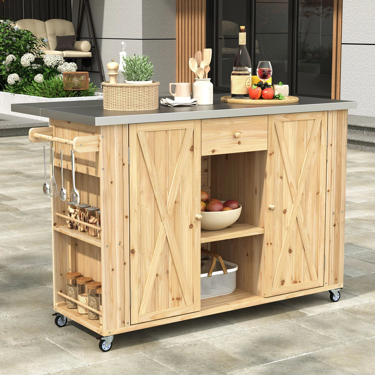 Outdoor Kitchen Island With Stainless Steel Top, Ample Storage Space, Towel And Spice Racks And A Bottle Opener - Furniture Home Direct