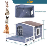 Large Wooden Dog House Indoor Outdoor With Terrace And Open Waterproof Asphalt Roof, Outdoor Dog House With Raised Floor, Windows And Door Curtains, Suitable For Small And Medium Dogs - Gray - Furniture Home Direct