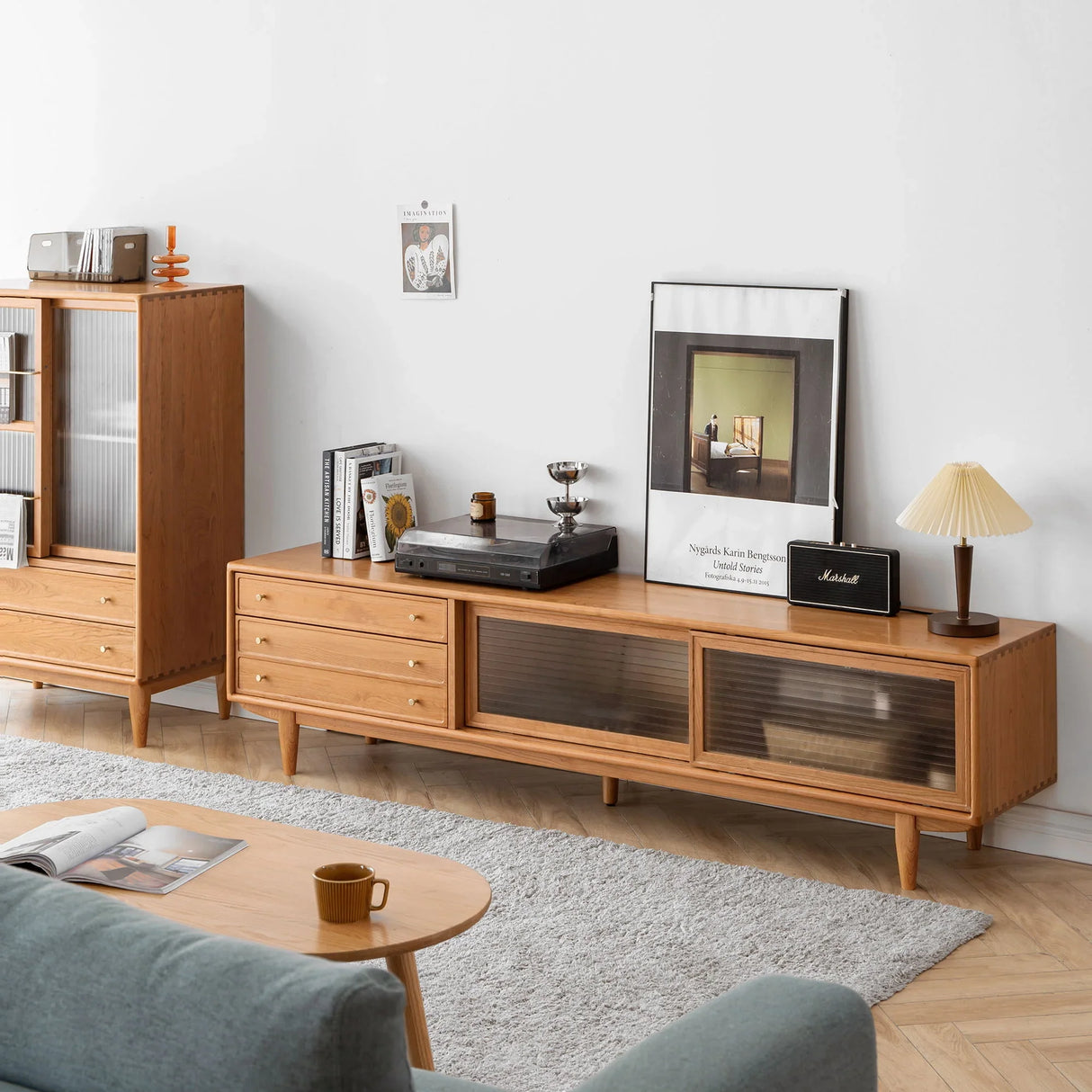 TV Cabinet With Chinese Changhong Glass Doors, Two Drawer Storage Space TV Standing - Cherry - Furniture Home Direct