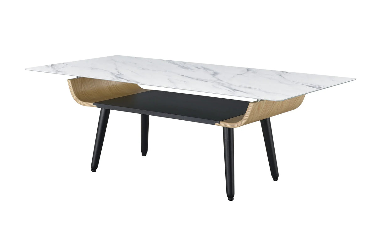 Landon - Coffee Table With Glass Marble Texture Top And Bent Wood Design - Furniture Home Direct