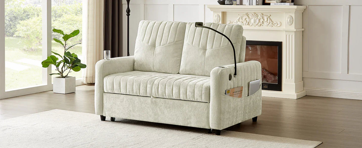 Sleeper Sofa With Adjustable Backrest, Two Cup Holders, Phone Holder, Three Charging Ports And Side Storage Pockets- Beige - Furniture Home Direct
