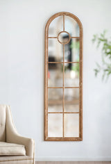 Half Round Elongated Mirror With Decorative Window Look Classic Architecture Style Solid Fir Wood Interior Decor - Brown - Furniture Home Direct