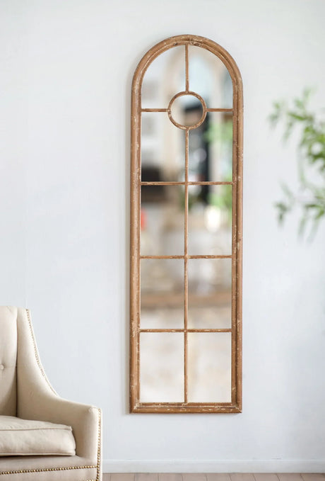 Half Round Elongated Mirror With Decorative Window Look Classic Architecture Style Solid Fir Wood Interior Decor - Brown - Furniture Home Direct