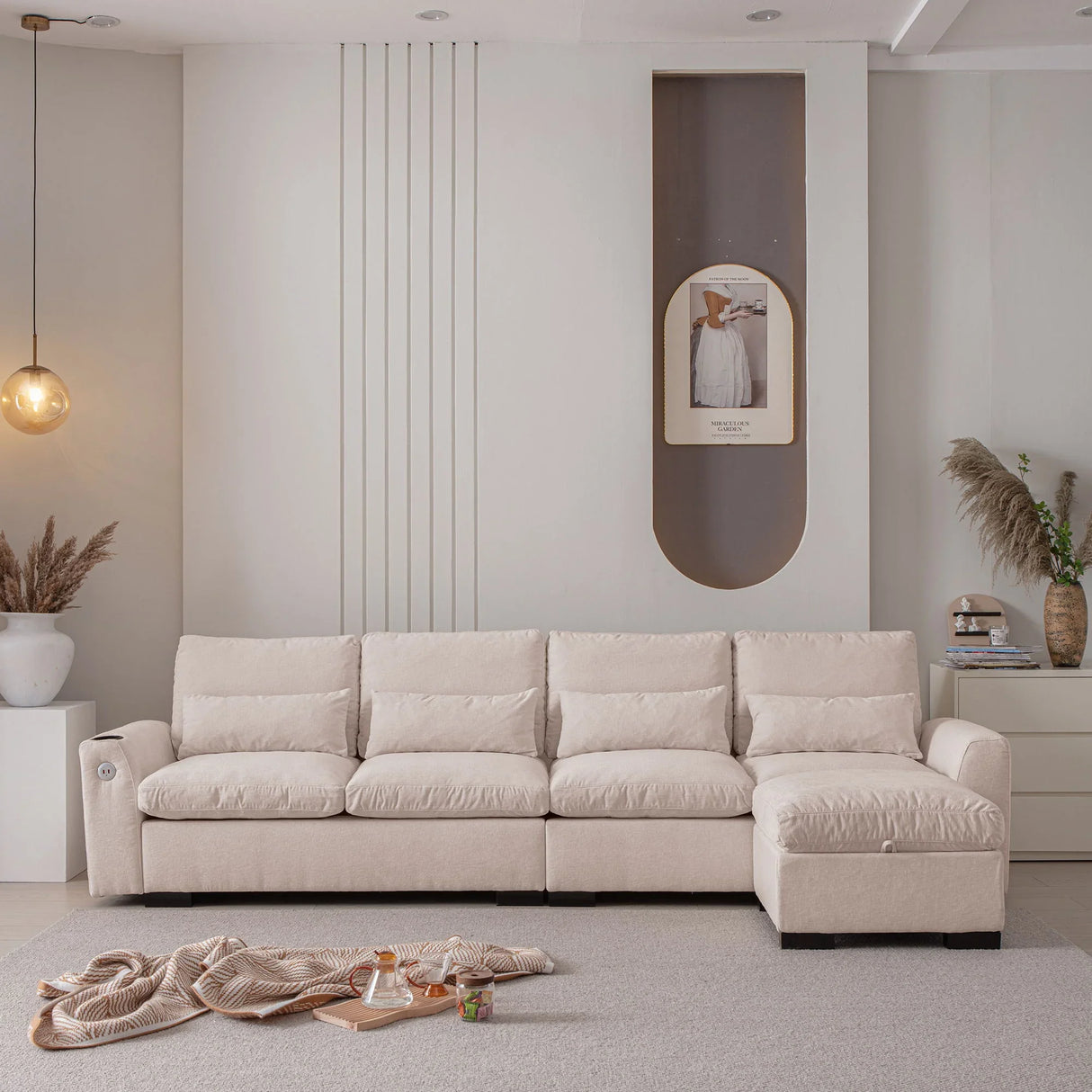Modern Modular L Shaped Chenille Sofa Couch Reversible Ottoman With Storage Removable And Washable Cushions Sofa With USB Ports & Cup Holder For Living Room - Furniture Home Direct
