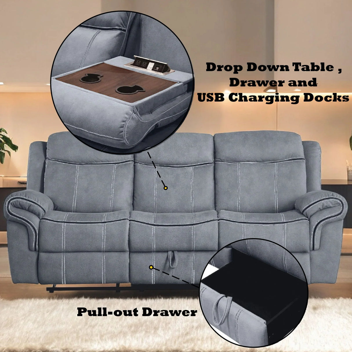 Zubaida - Two Tone Velvet Recliner Sofa With USB Port Drop Down Table - Furniture Home Direct
