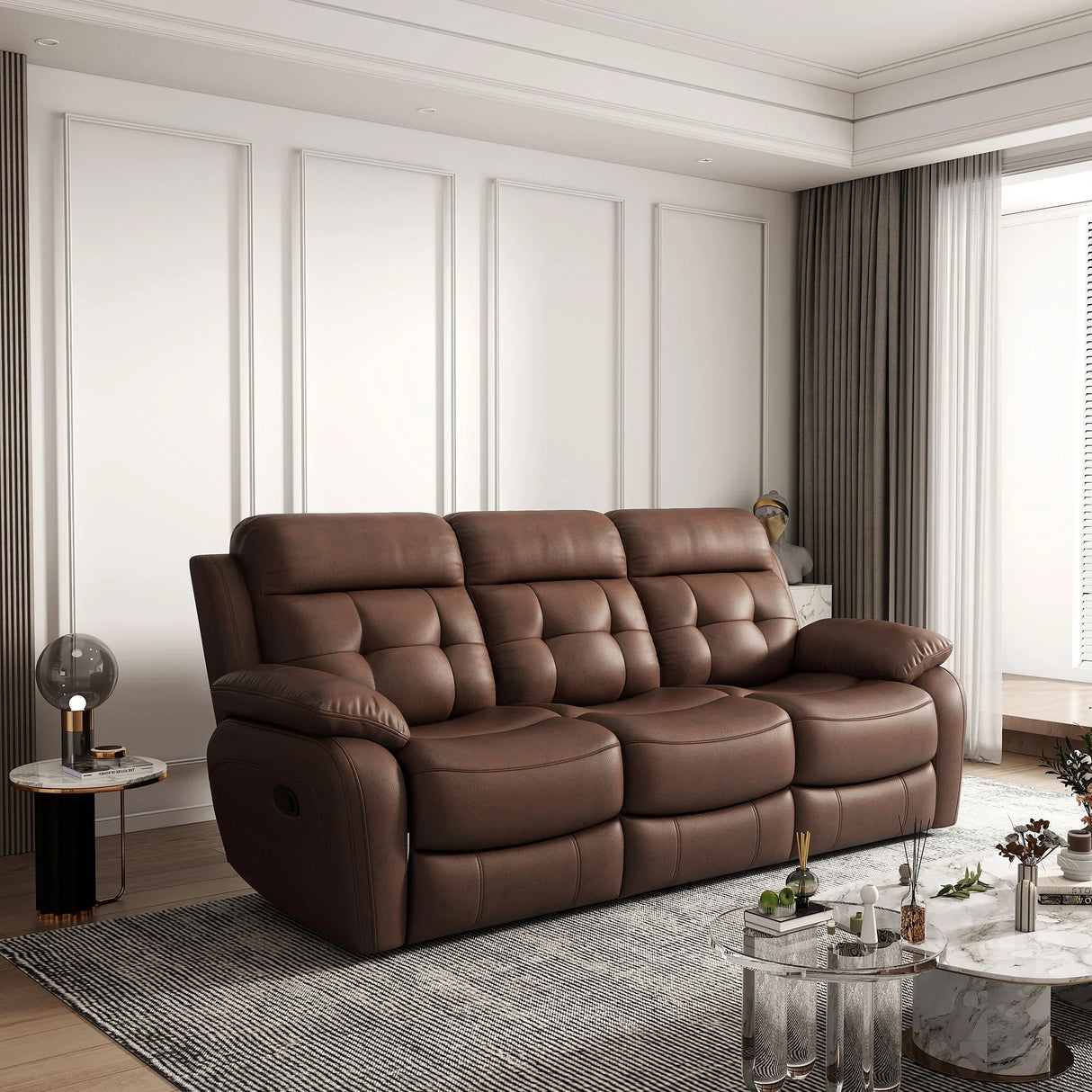 Genuine Leather Non Power Reclining Sofa With Drop Down Table, Stainless Steel Cupholders And Magazine Bag - Furniture Home Direct