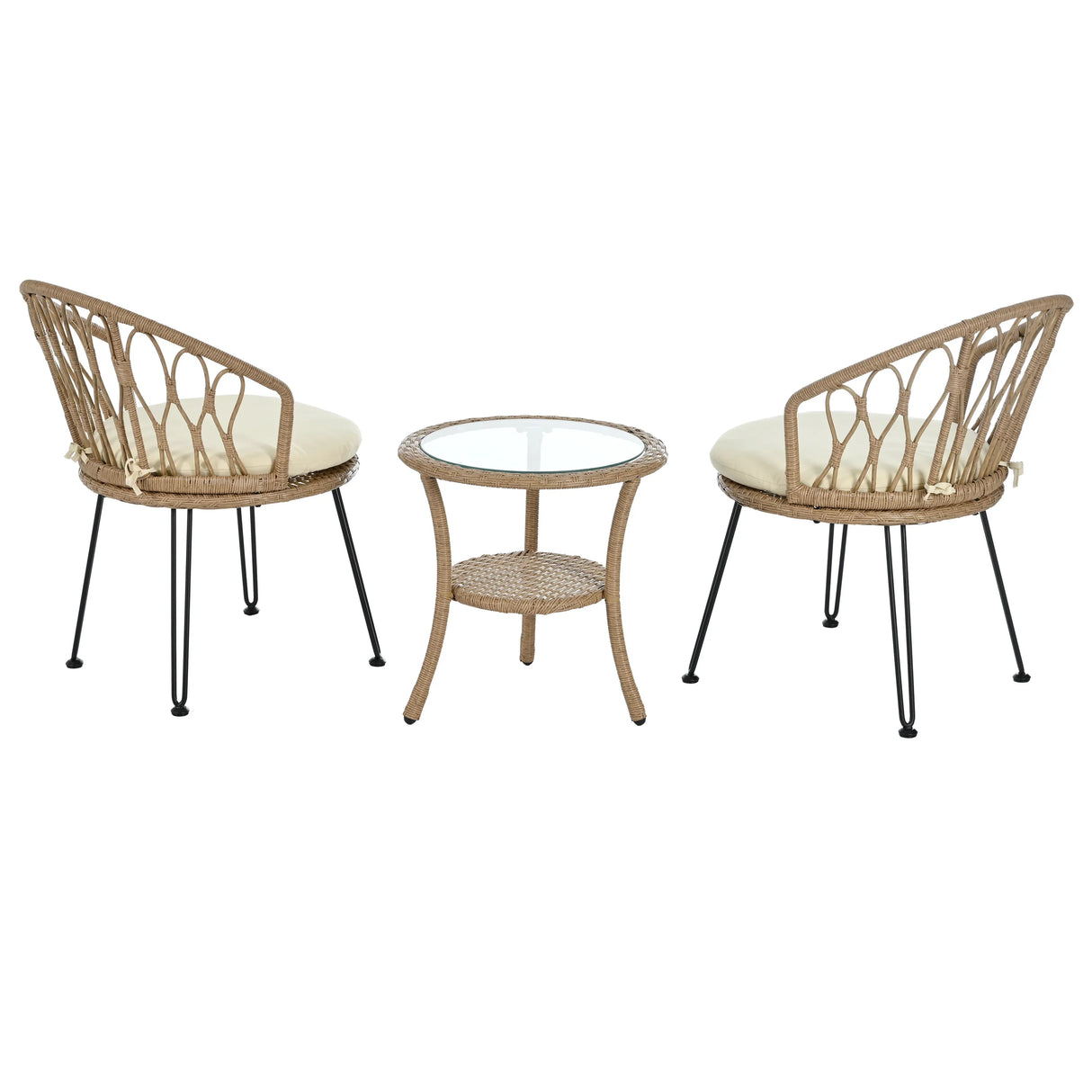 Outdoor Rattan Bistro Set With Glass Top Cushions Beige - Furniture Home Direct