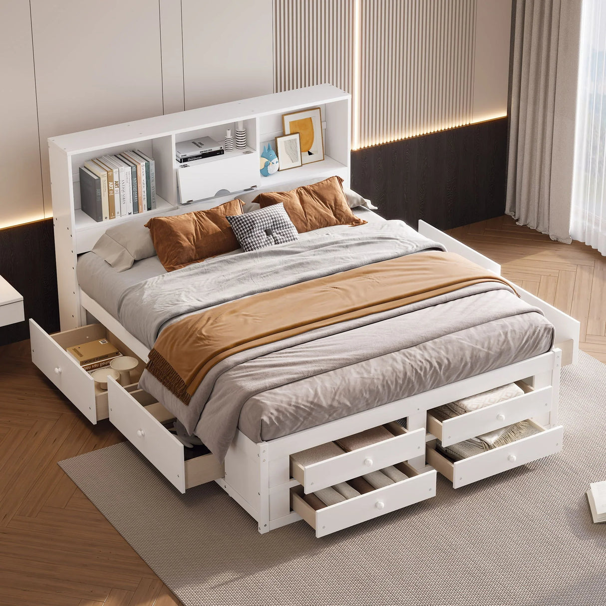 Queen Size Platform Bed With Storage Headboard And 8 Drawers - Gray - Furniture Home Direct
