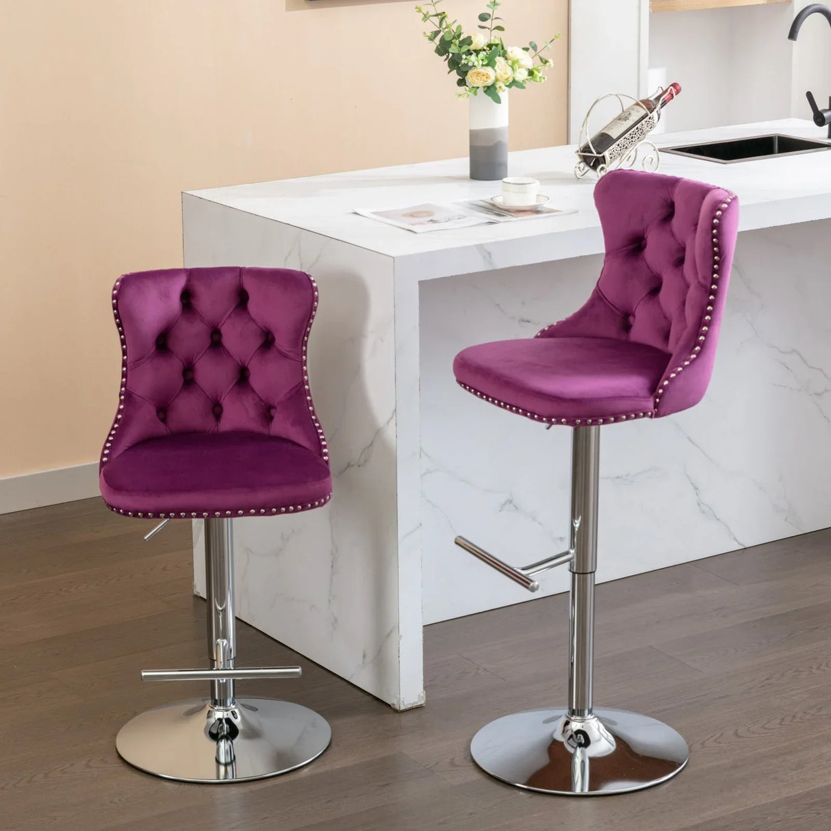 Swivel Velvet Barstools Adjusatble Seat Height From 25-33", Modern Upholstered Chrome Base Bar Stools With Backs Comfortable Tufted For Home Pub And Kitchen Island (Set of 2) - Furniture Home Direct