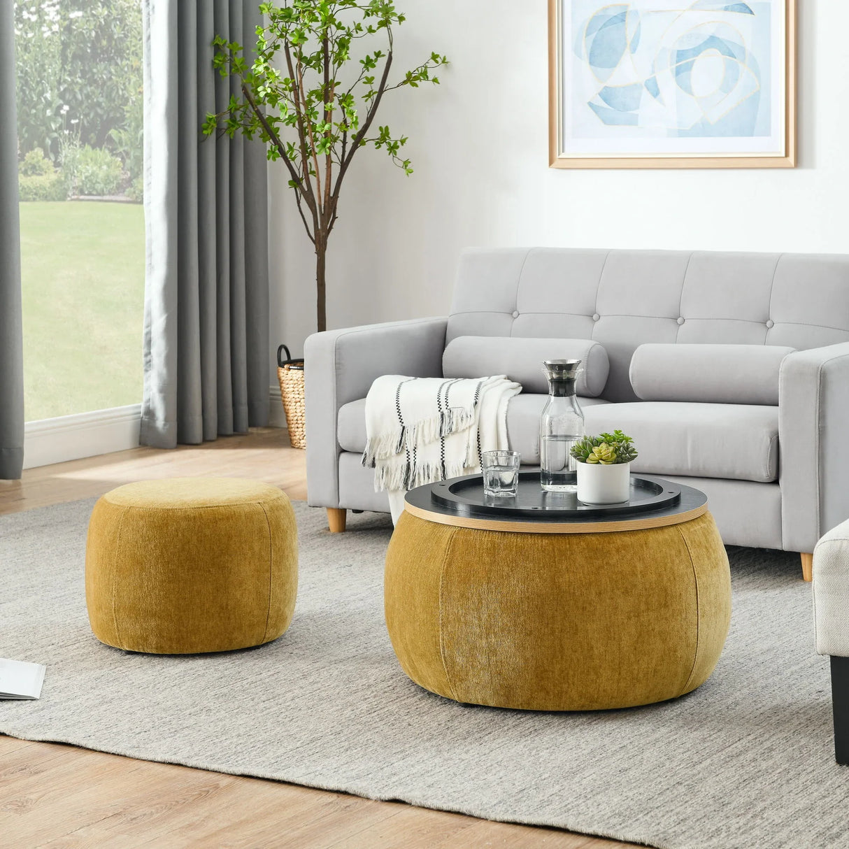 Round Storage Ottoman, 2 In 1 Function, End Table And Ottoman - Furniture Home Direct