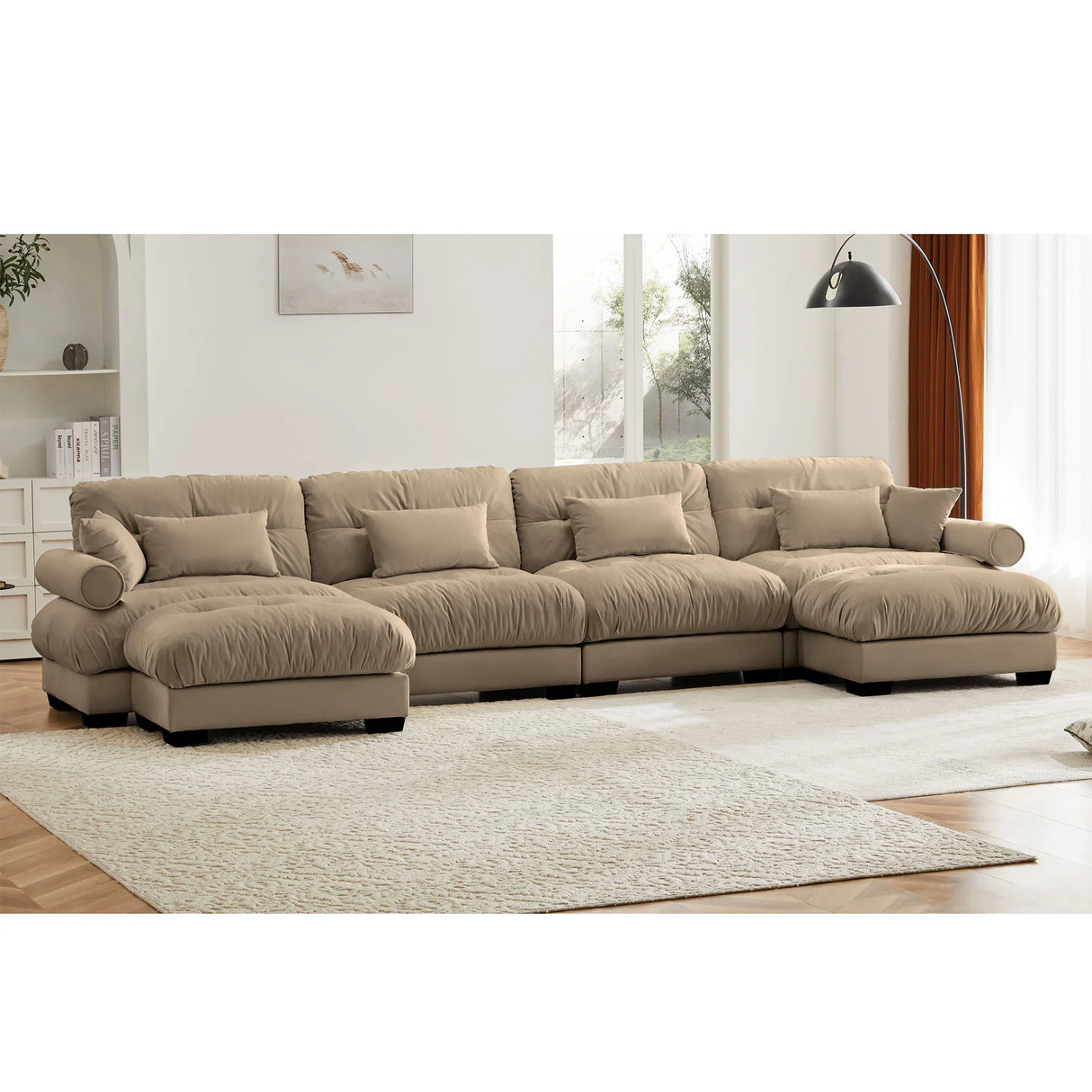 Modern Sectional Sofa With Ottoman, Round Bolster Armrests, Waist And Throw Pillows - Furniture Home Direct