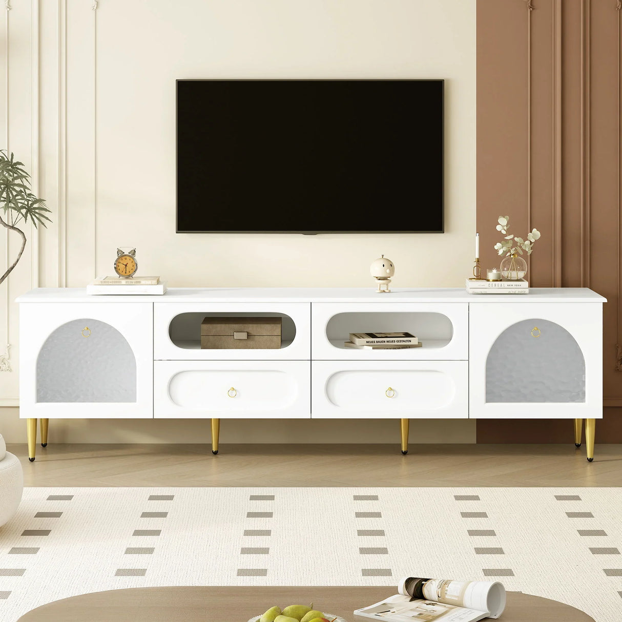 Retro TV Stand With 6 Metal Legs, 2 Cabinets, 4 Drawers And Anti-Tip Device - Furniture Home Direct