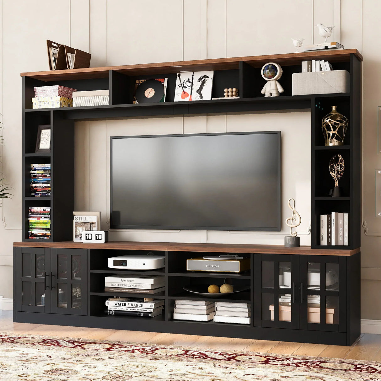 Wall Unit Entertainment Center With Bookshelves For TVs Up To 80", Tempered Glass Doors And Adjustable Shelves - Furniture Home Direct