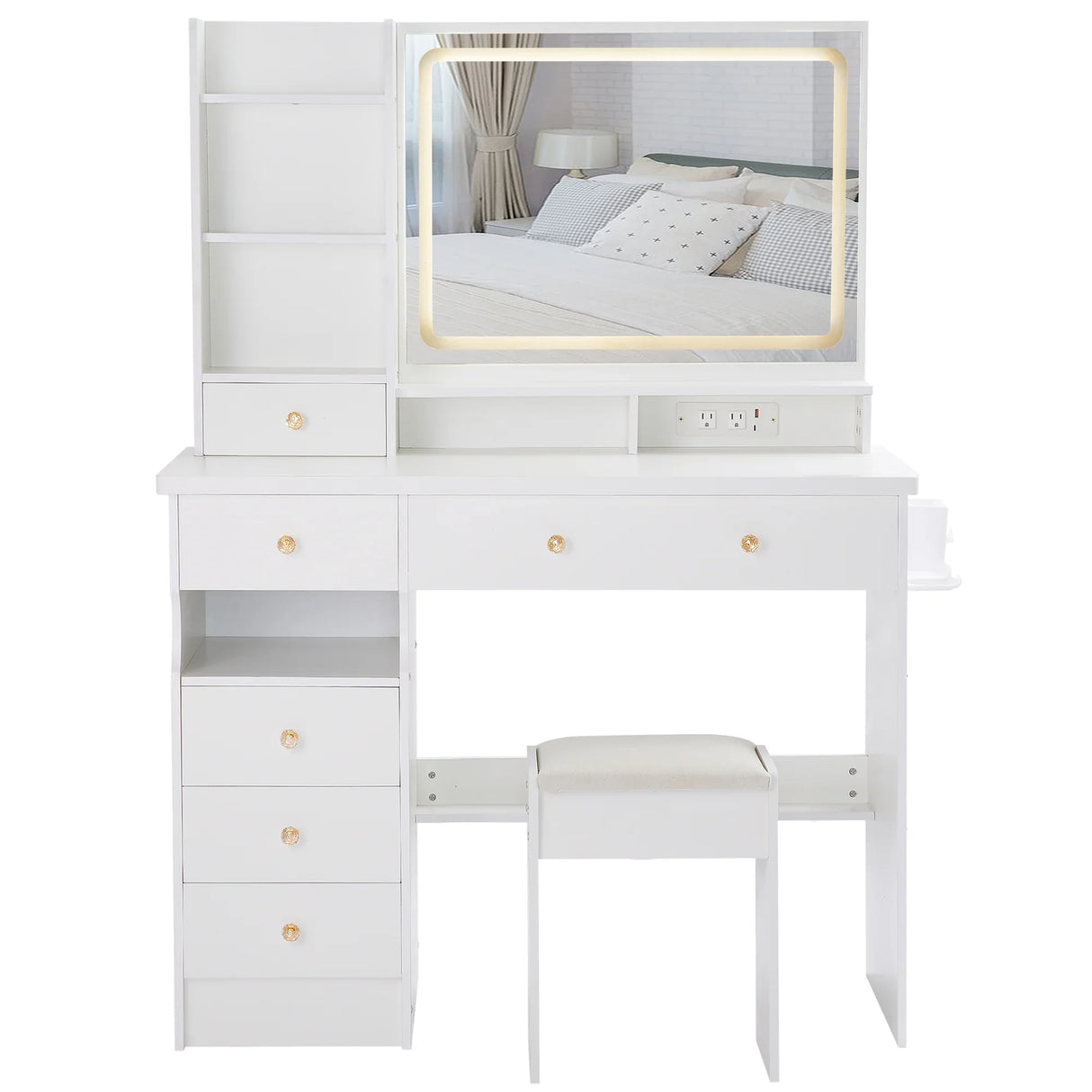 Vanity Desk Set With Cushioned Stool And Large Mirror White - Furniture Home Direct