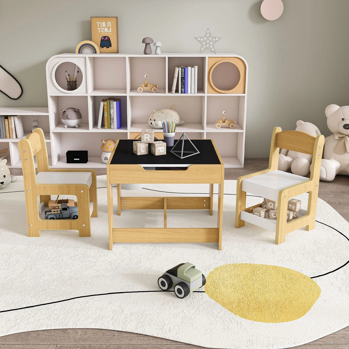 3 In 1 Kids Study Table & Chairs Set Multi Functional Activity Table With Detachable Blackboard Top - Natural Wood - Furniture Home Direct