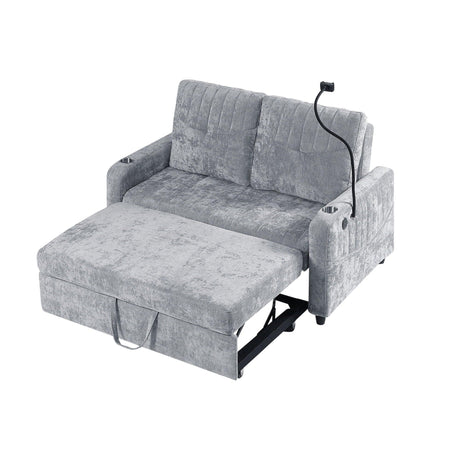 Modern Loveseat Pull Out Sofa Bed With Adjustable Backrest, Two Cup Holders, A Phone Holder, Three Charging Ports And Side Storage Pockets For Living Room - Furniture Home Direct