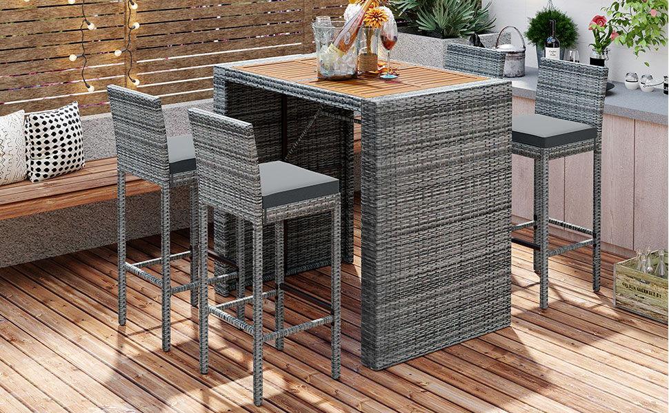 5 Pieces Outdoor Patio Wicker Bar Set, Bar Height Chairs With Non-Slip Feet And Fixed Rope, Removable Cushion, Acacia Wood Table Top - Brown / Gray - Furniture Home Direct