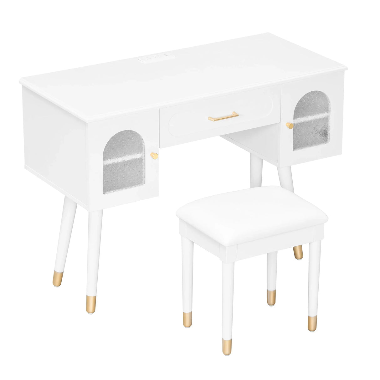 Elegant Vanity Makeup Table & Chair Set Modern Dressing Table With Organizer Writing Desk Charging Port Engineered Wood - White - Furniture Home Direct